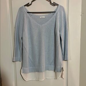 Reitmans light blue knit top with sheer white detail fits between M-L